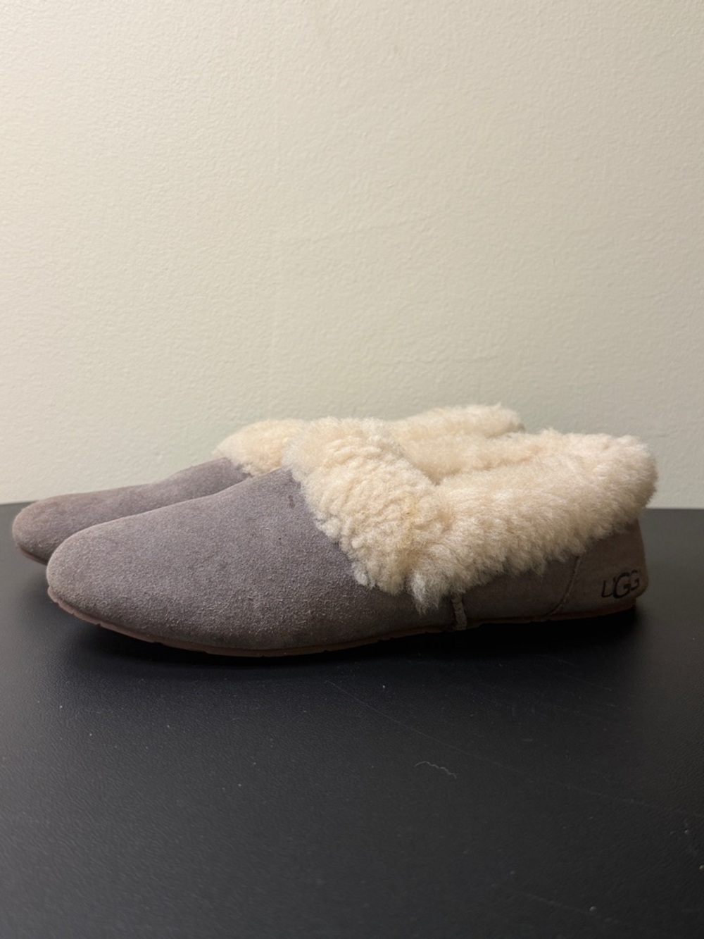 UGG Taupe Suede Slip-On Slippers with Cream Shearling